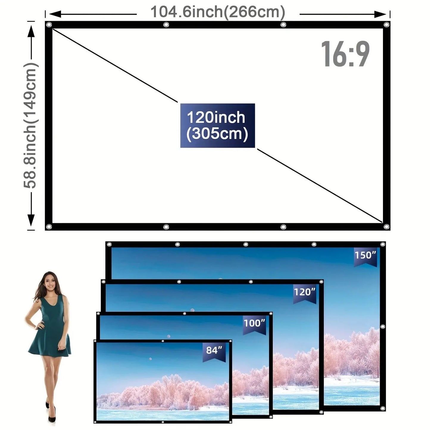 Écran de Projection Portable 16:9 – 60 à 150 Pouces Anti-Plis